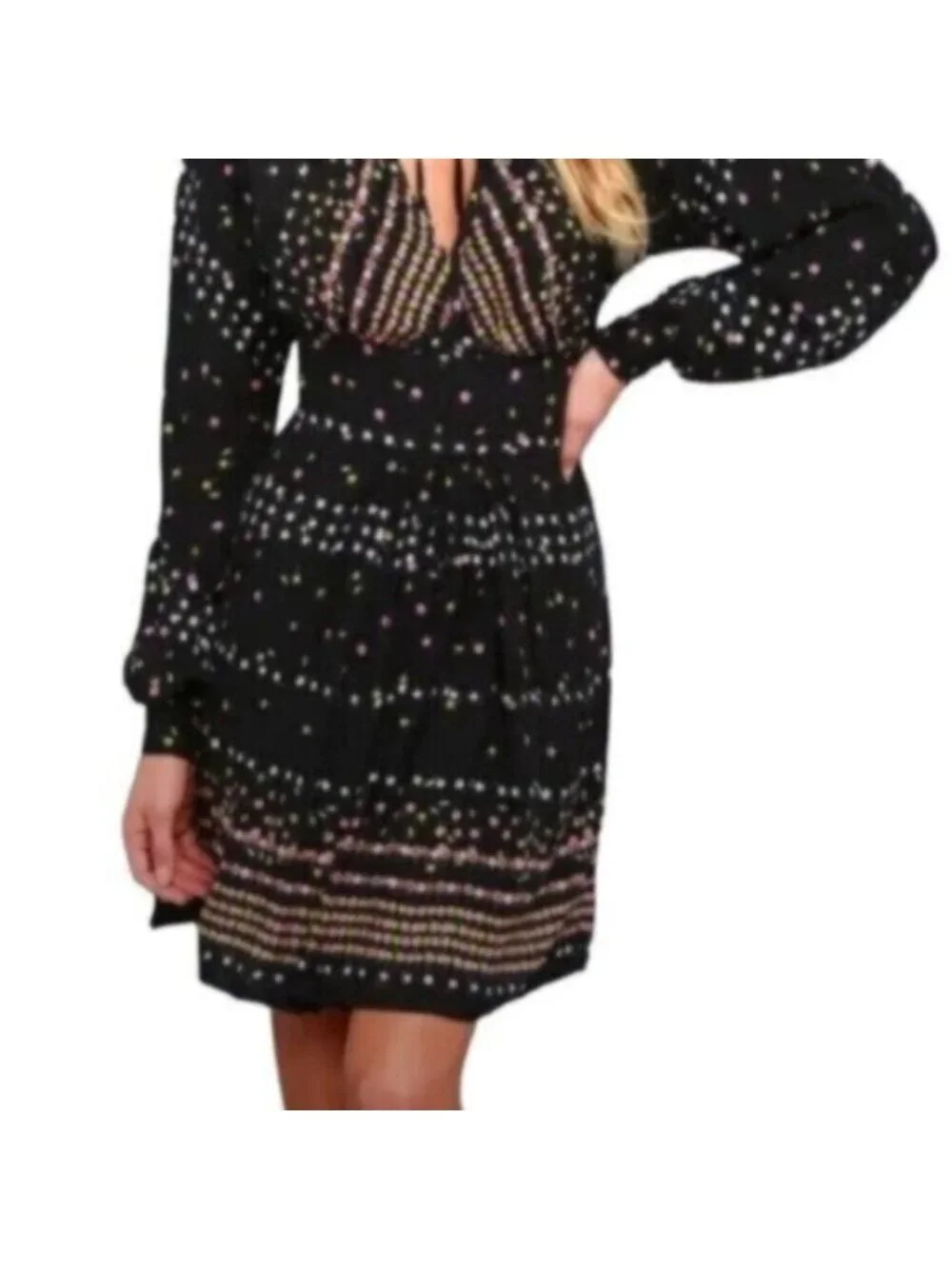 NWT Free People | Women's Black Coryn Printed Long Sleeves Mini Dress Size 8